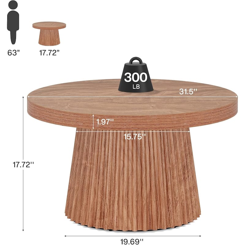 31.5" Round Modern Coffee Table Center Table with Fluted Drum Base - 31.5"W x 31.5"D x 17.7"H