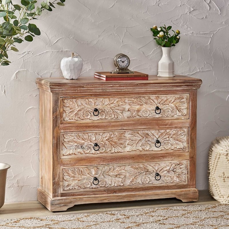 Natural Wood White Floral Accent Chest With 3-Drawer