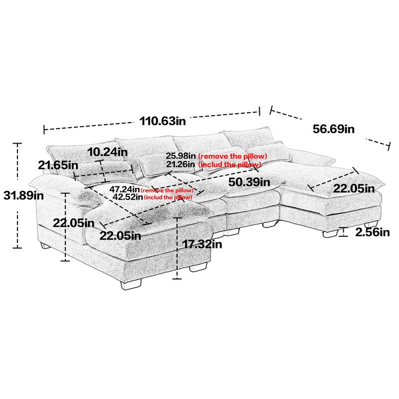Gray Chenille U-Shape Reversible Sectional Sofa with Ottomans & Pillows