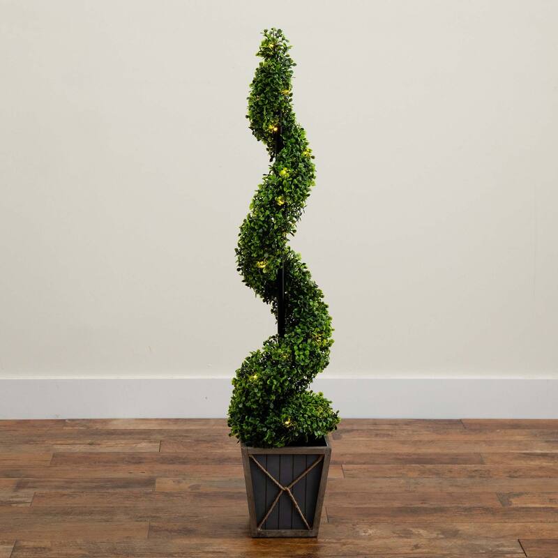 Pre-Lit Boxwood Spiral Artificial Topiary Plant - 3.75' - Clear LED Lights