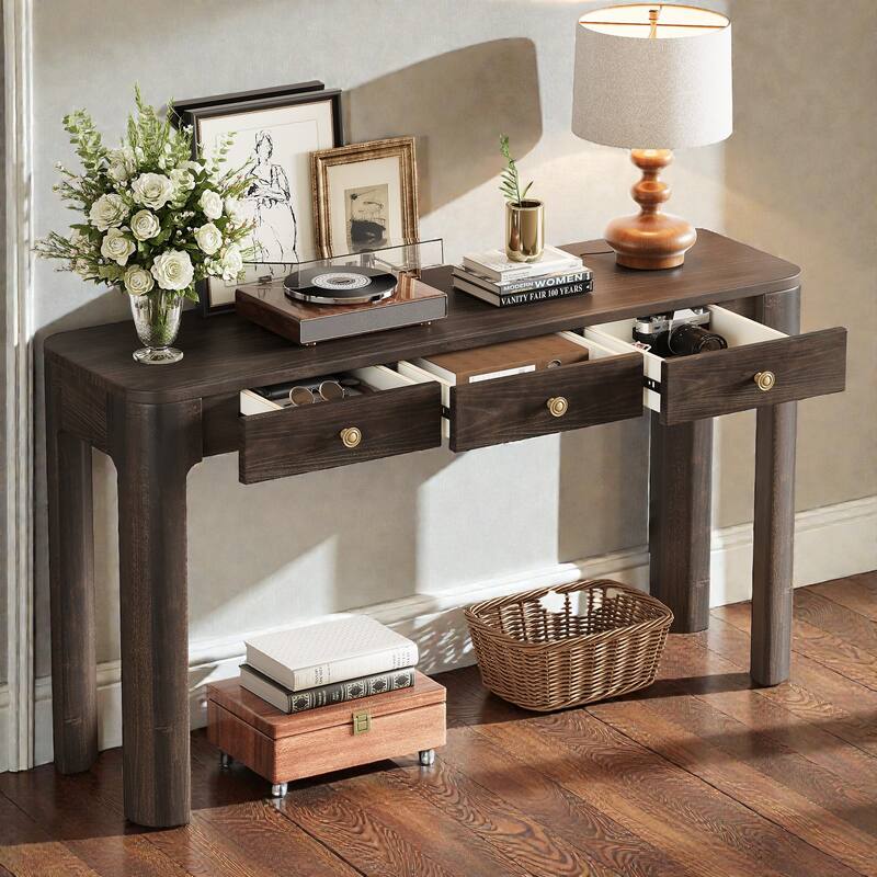 Rustic Console Table with Curved Corners, 3 Concealed Drawers & Thick Wood Legs, Entryway Sofa Table for Hallway & Living Room