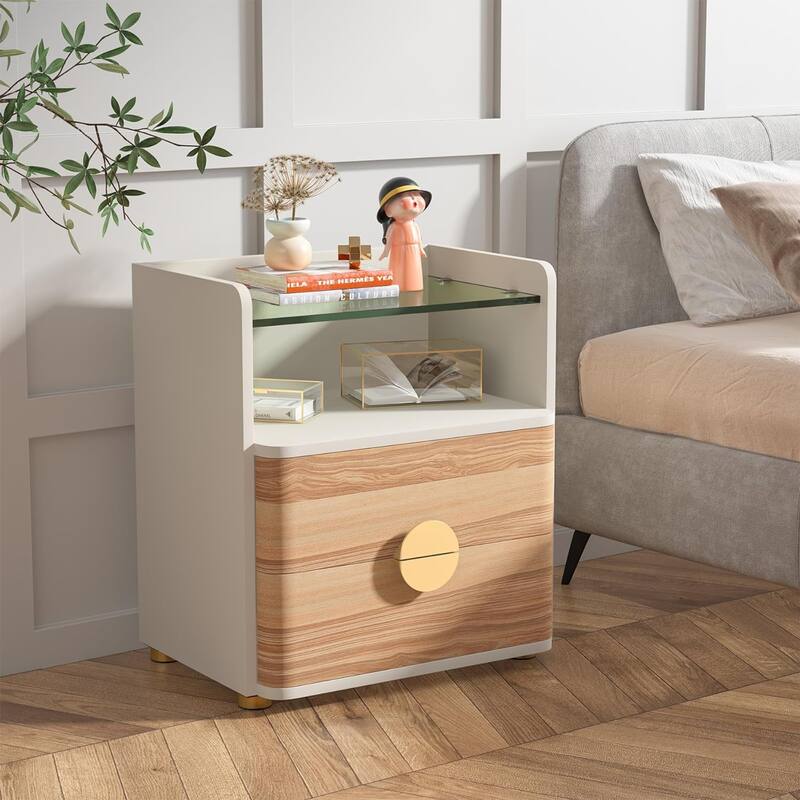 2-Drawer Nightstand, Modern Nightstands with Tempered Glasses