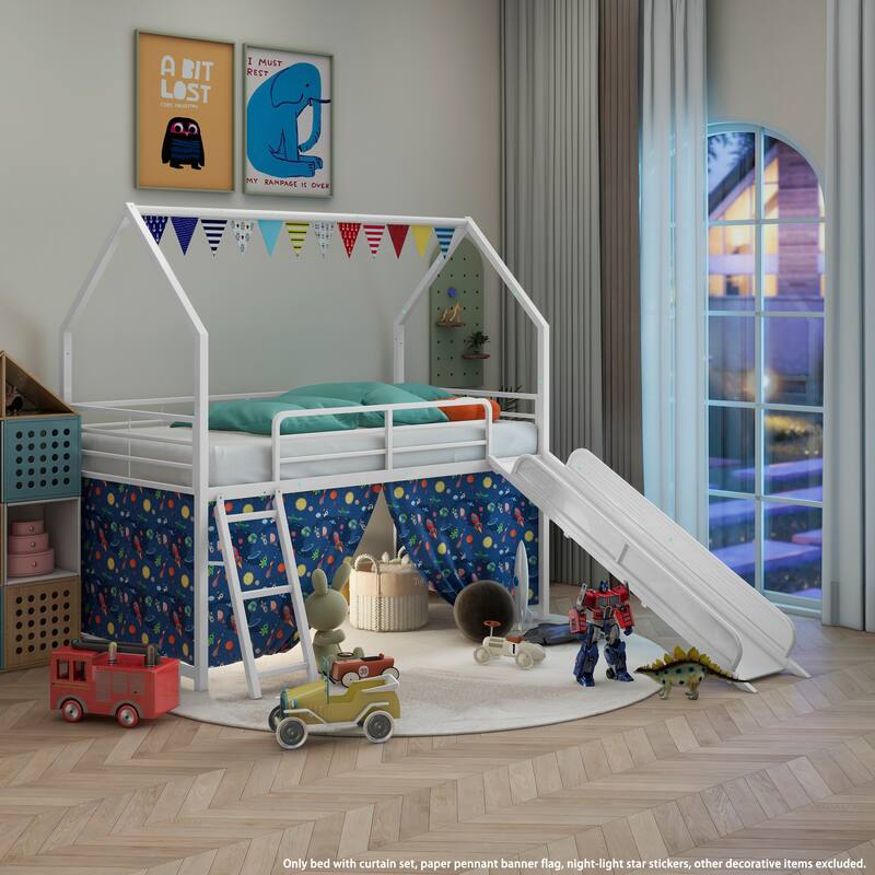 Kids' Twin Loft Bed with Slide, Curtain Set, Pennant Banner, and Star Stickers