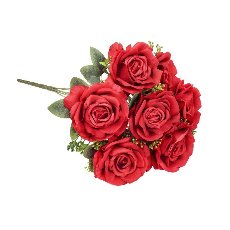 Set of 2 Deluxe Red Artificial Elegant Rose Flower Stem Bush Bouquet 17in - 17" L x 10" W x 10" DP