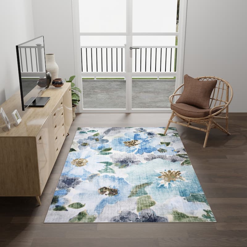 Licensed HGTV Everyday Chic Soft Flannel Zero Pile Printed Non-Slip Washable Indoor Area Rug - Jania Blue - 5'x7'