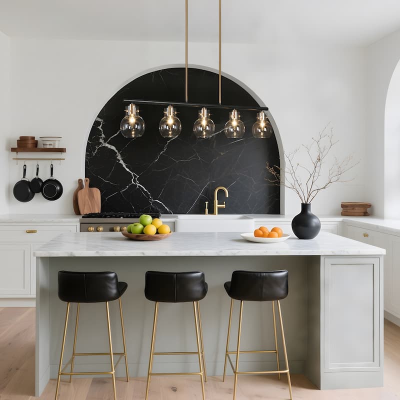 Modern Farmhouse Black Gold 5-Light 38" Glass Linear Chandelier Island Lights for Dining Room - 38" L x 5" W x 8" H