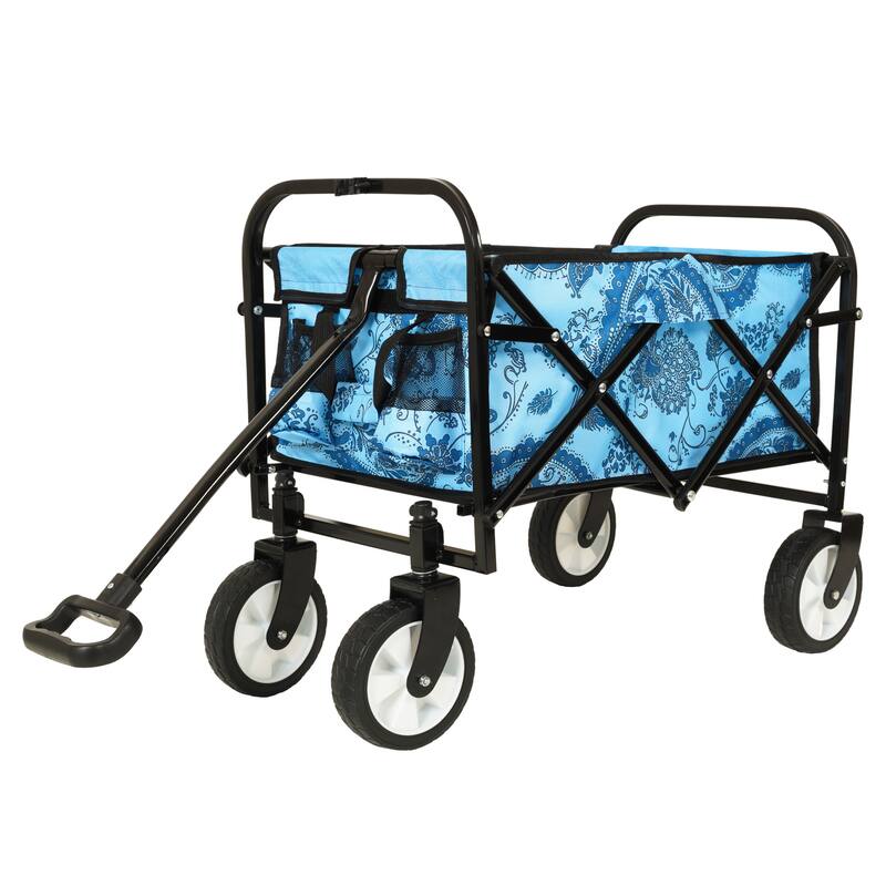 Patterned Collapsible Utility Wagon - Light Blue Floral Design with Storage Straps, 225lb Capacity