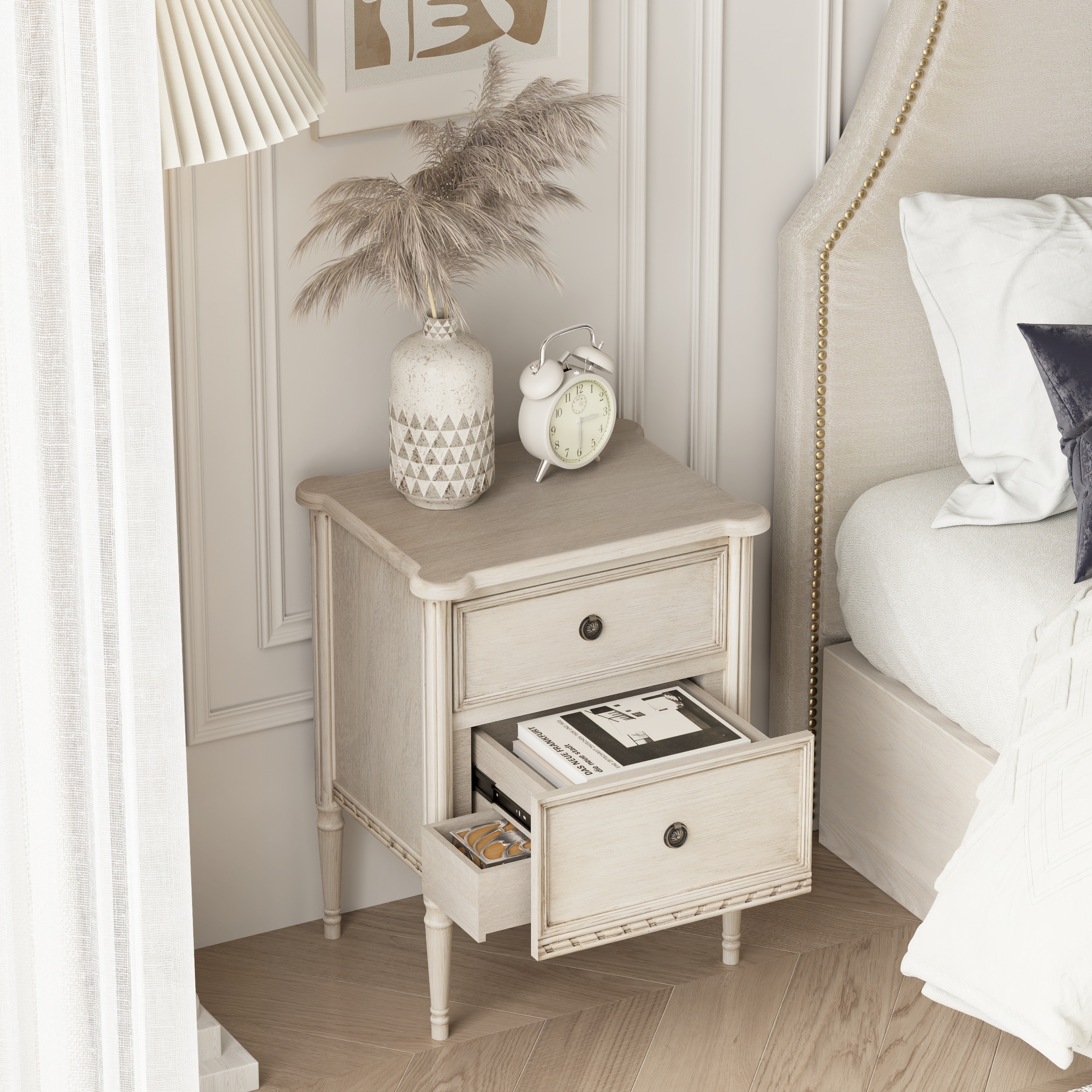 COZAYH Farmhouse 2 Drawer Nightstand with Hidden Drawer, Solid