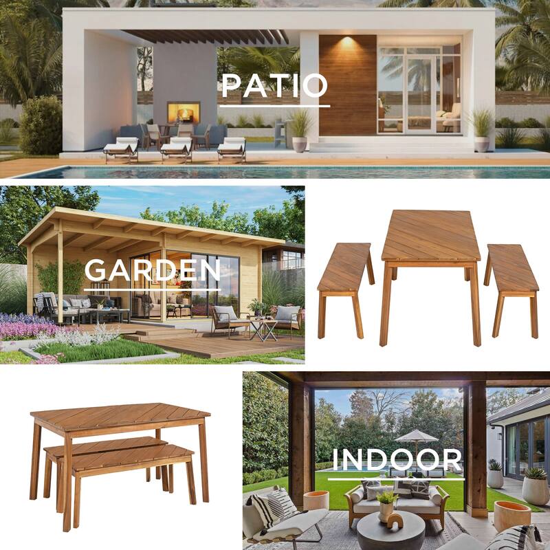 Acacia Wood Patio Dining Set for 4 People, 3 Piece Outdoor Dining Furniture Set with 2 Benches and Picnic Beer Table