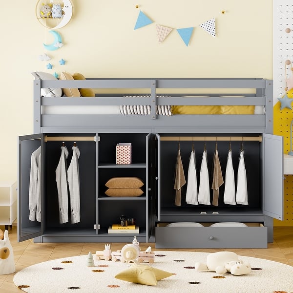 slide 2 of 13, Twin Loft Bed with Wardrobes & Mirror Grey