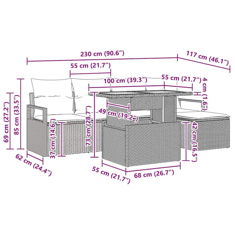 vidaXL 6 Piece Garden Sofa Set with Cushions - 90.6×46.1×27.2