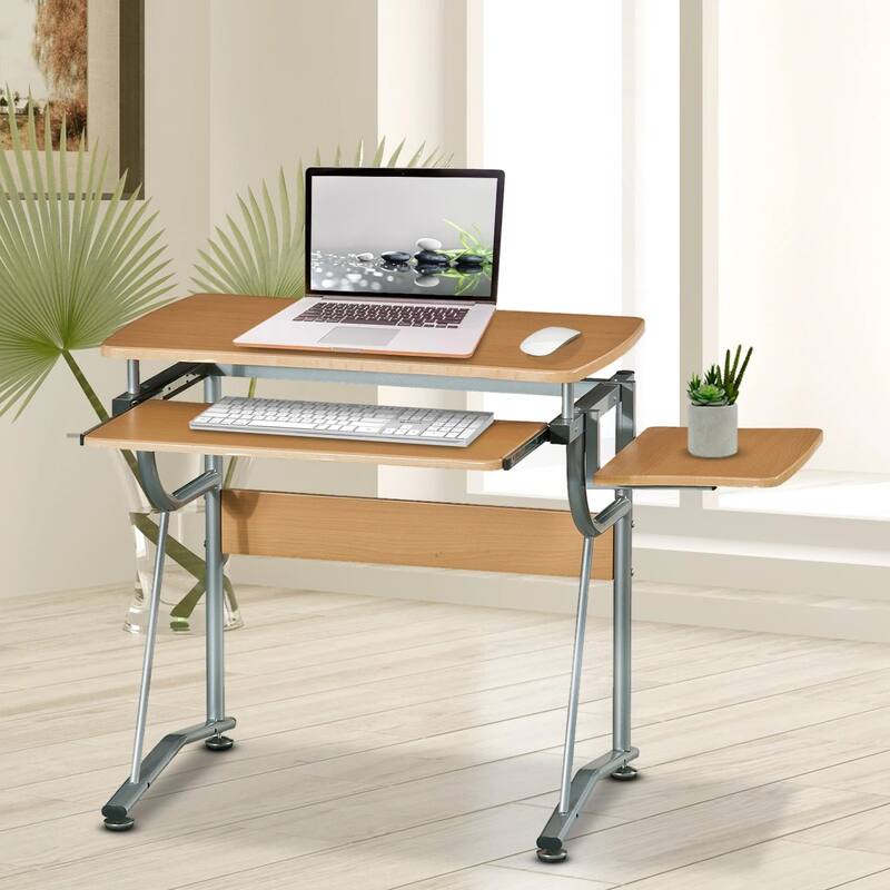 Ergonomic Compact Computer Desk with Shelf And Keyboard Panel - Brown