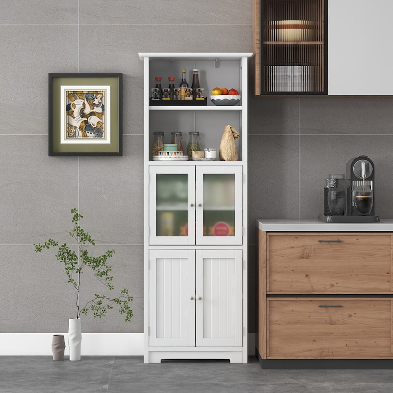 Gymax Bathroom Tall Storage Cabinet Linen Tower w/ Glass Door &