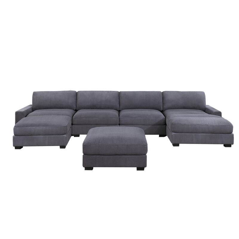 6 Piece Corduroy Upholstered Modular Sectional Sofa with Ottoman - Gray