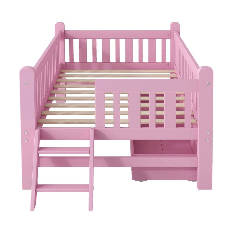 Wood Twin Size Platform Bed with Guardrail and 2 Drawers