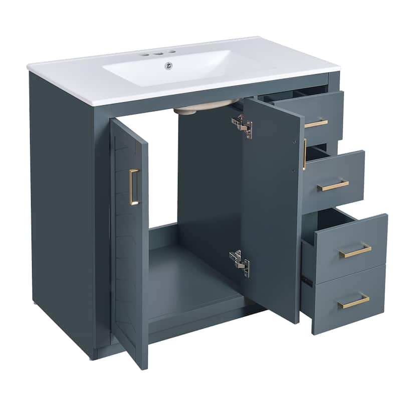 36" Bathroom Vanity Combo with Ceramic Basin, Solid Wood Frame, 3 Drawers, Soft-Close Doors