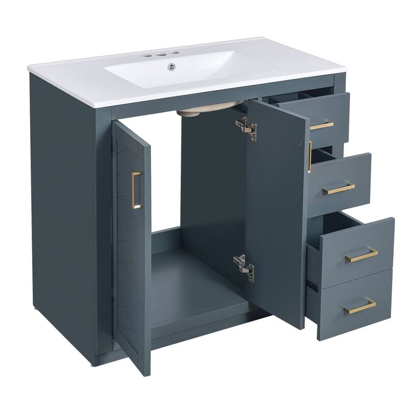 Freestanding Geometric Pattern Bathroom Vanity Solid Wood Frame Storage Cabinet with Sink, 3 Drawers and Soft Closing Doors