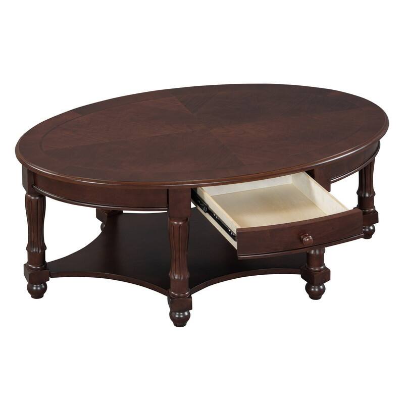 Vintage 45" Oval Coffee Table with Drawer and Storage Shelf, Elegant French Country Living Room Accent Table
