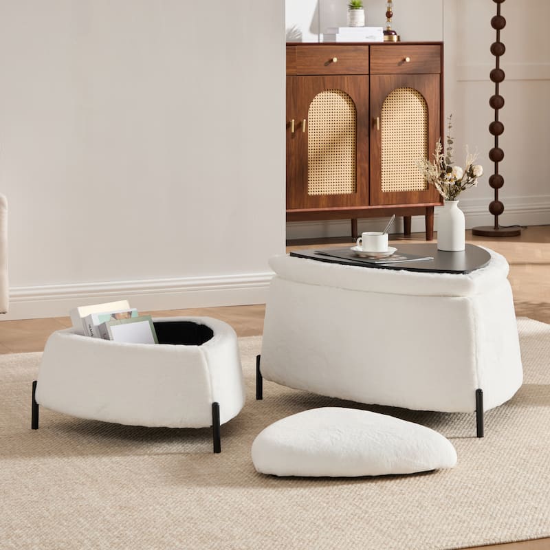 2-Pieces Upholstered Storage Ottoman Set With Reversible Lid And Metal Legs - Ivory