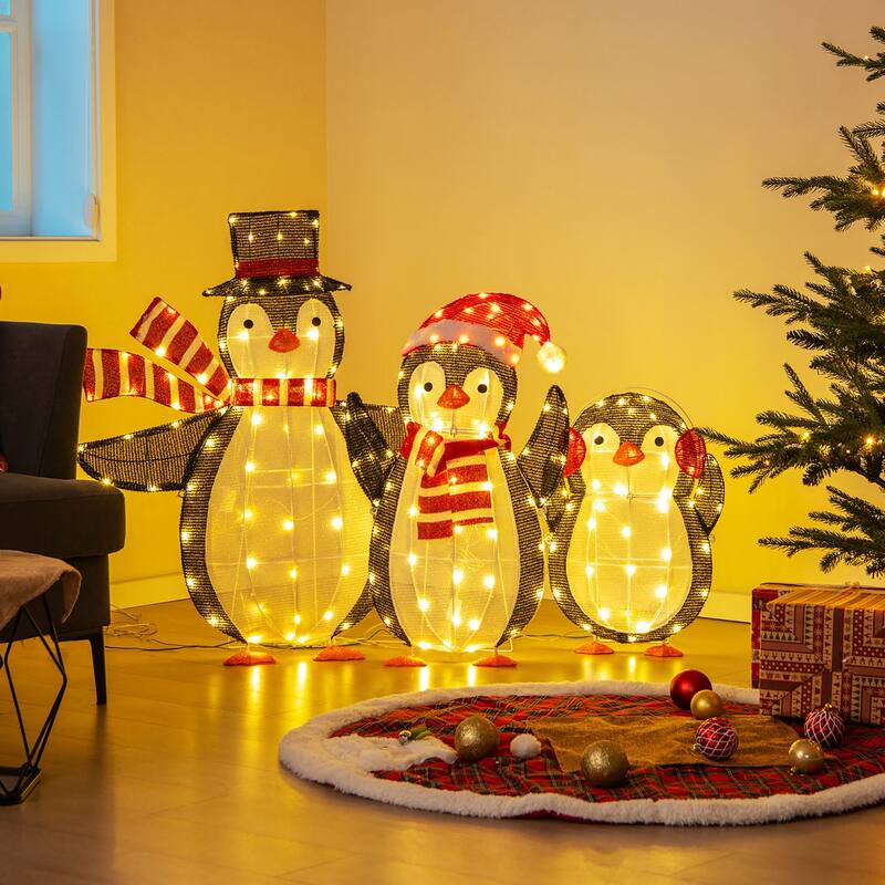 Gymax Lighted Christmas Penguins Set of 3 Christmas Penguin - Multi-colors - See Details