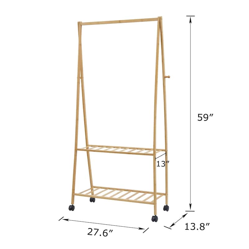 Javlergo 59/53 Inch Tall Bamboo Coat Rack with 2 Shelves 4 Wheels & Hooks Multi-Functional Freestanding Clothes Rack for Bedroom