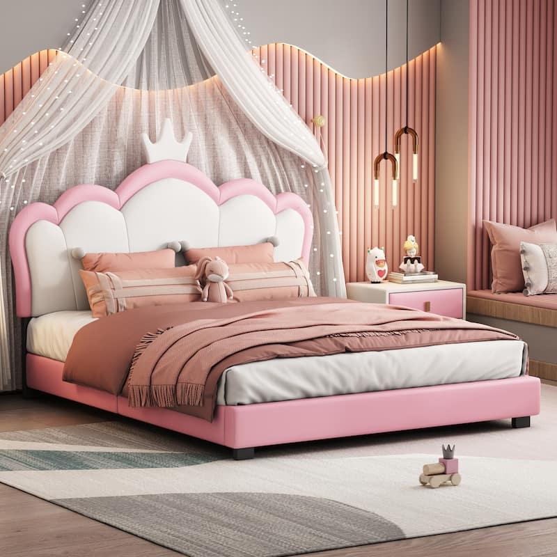 Wood Twin/Full size Upholstered Princess Bed With Crown Headboard