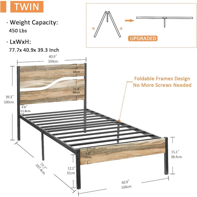VECELO Beds Industrial Platform Bed Frame with Wood Headboard,Easy Set up