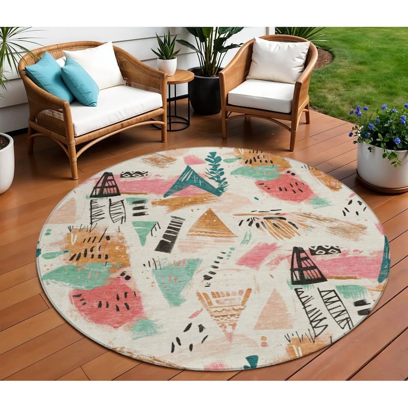 HomeRoots Abstract Transitional Rectangle Outdoor Rug - Blue/Ivory - 8' Round