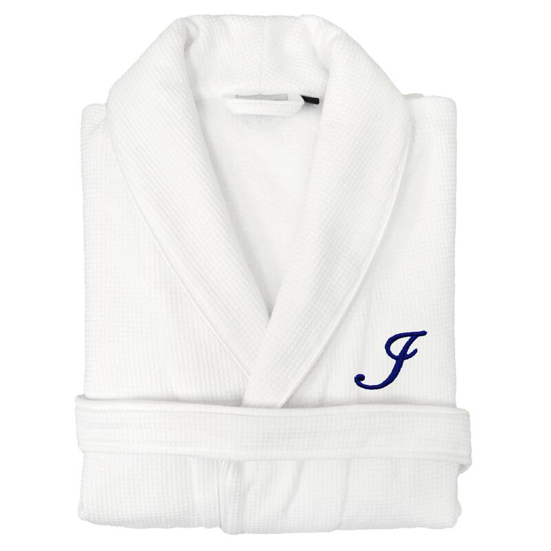Authentic Hotel and Spa Unisex Navy Blue Monogrammed Turkish Cotton Waffle Weave Terry Bath Robe - I - S/M