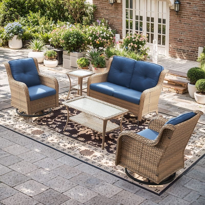 Pocassy 4 Pieces Outdoor 4 Inch Sofa Swivel Chairs Table - Blue cushion - Yelllow Wicker
