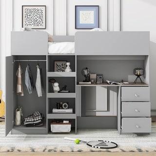 Multifunctional Design Wood Loft Bed with Built-in Wardrobe, Desk and Drawers, Safety Guaranteed, Grey