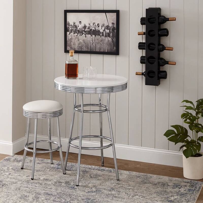 42 Inch Round Bar Table, Ribbed Apron, Glossy White Lacquer, Retro Style