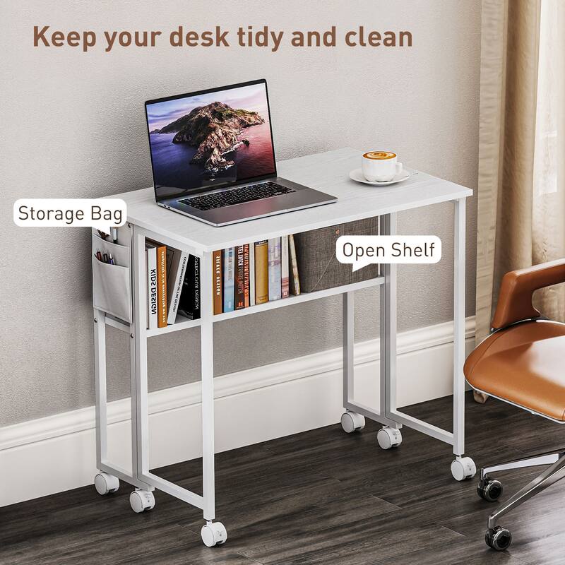 HOMCOM Small Folding Desk, Rolling Computer Desk Foldable with Storage Bag and Shelf, 31.5" Portable Writing Table on Wheels