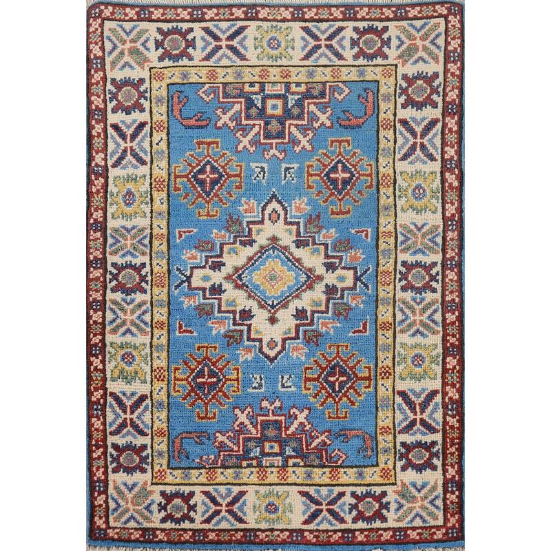 Blue Geometric Kazak Foyer Rug Handmade Oriental Wool Carpet - 2'1" x 3'0"