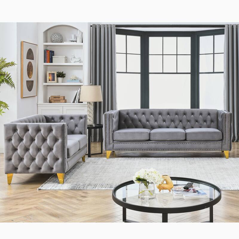 3-Seater + 2-Seater Velvet Chesterfield Sofa Set with Button Tufting and Nailhead Trim, Elegant Living Room Couch