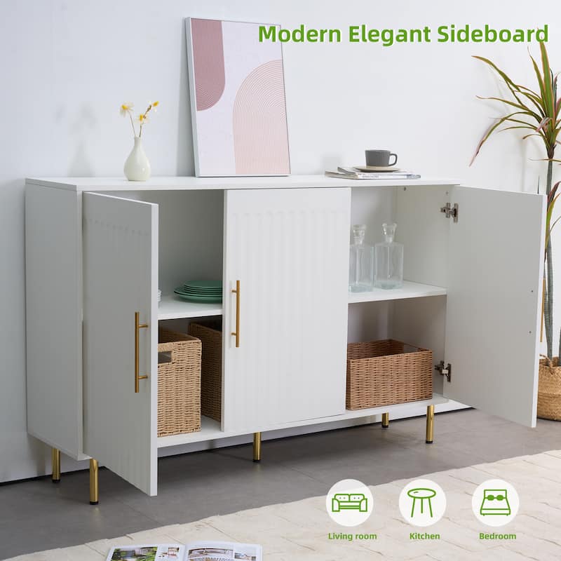 3-Door Large Storage Sideboard with Gold Handles for Kitchen, Dining Room and Living Room.55.12" W Accent White Buffet Cabinet