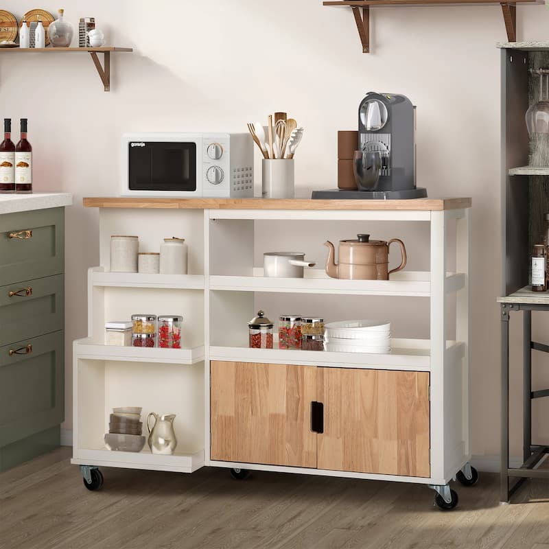 Portable Kitchen Cart Wood Top Kitchen Trolley with Drawers - White