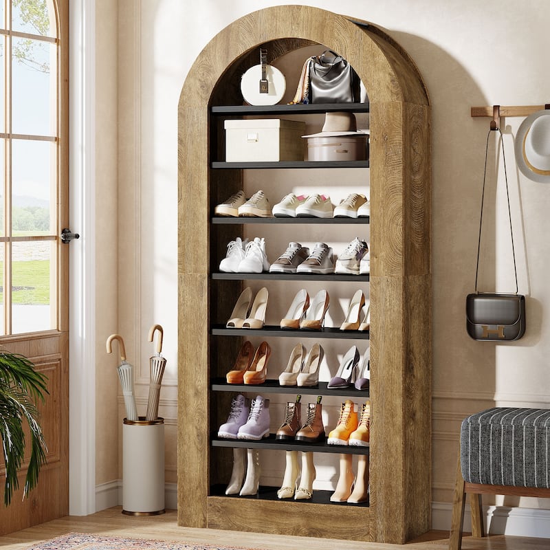 8-tier Arched Shoe Rack, 70.9" Tall Freestanding Shoe Storage Cabinet - Brown & Black