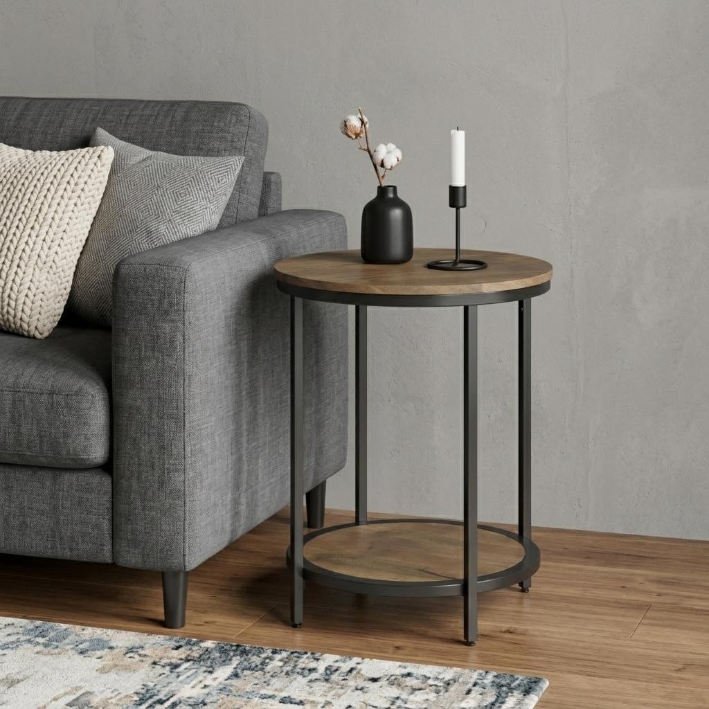 HomeRoots 24" Matte Gray and Black Solid Wood and Iron Round End Table With Shelf - 18.00 in. x 24.00 in. x 18.00 in.