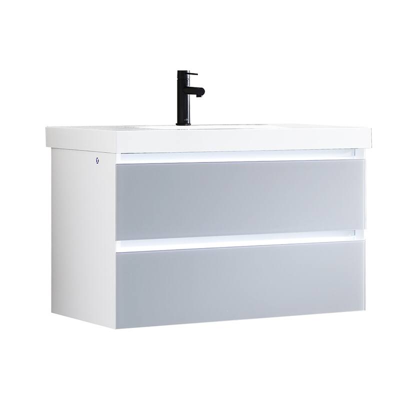 LED Lighted Floating / Wall Huang Vanity with Acrylic Sink and Comfortable Dimmed Vanity Light - Grey - No Mirror - 36 in