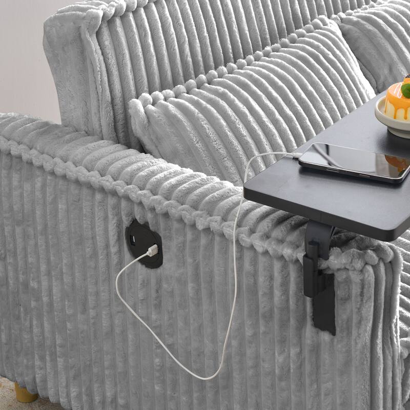Gray Corduroy Pull-out Sofa with Movable Tabletop and USB Ports