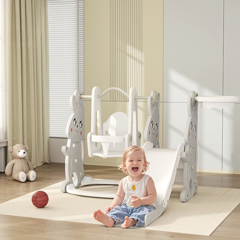 Gray 4 in 1 Kids Playset with Slide Swing Climber and Basketball Hoop for Toddlers 18 to 48 Months - 58.1" L x 63" W x 42.1" H