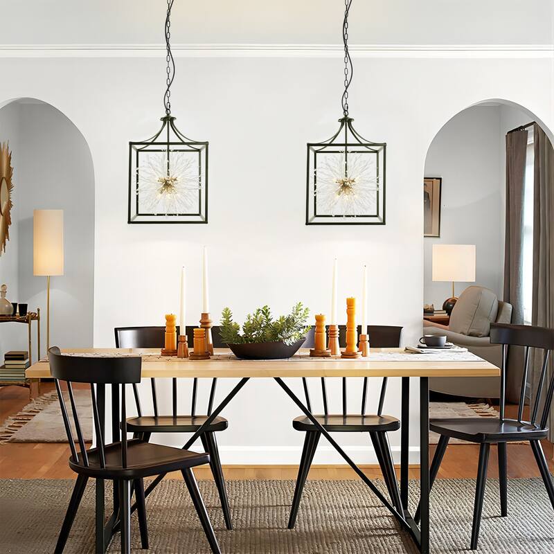 8-Light Mid-Century Modern Square Caged Linear Crystal Chandelier Sputnik Starburst Pendant Light