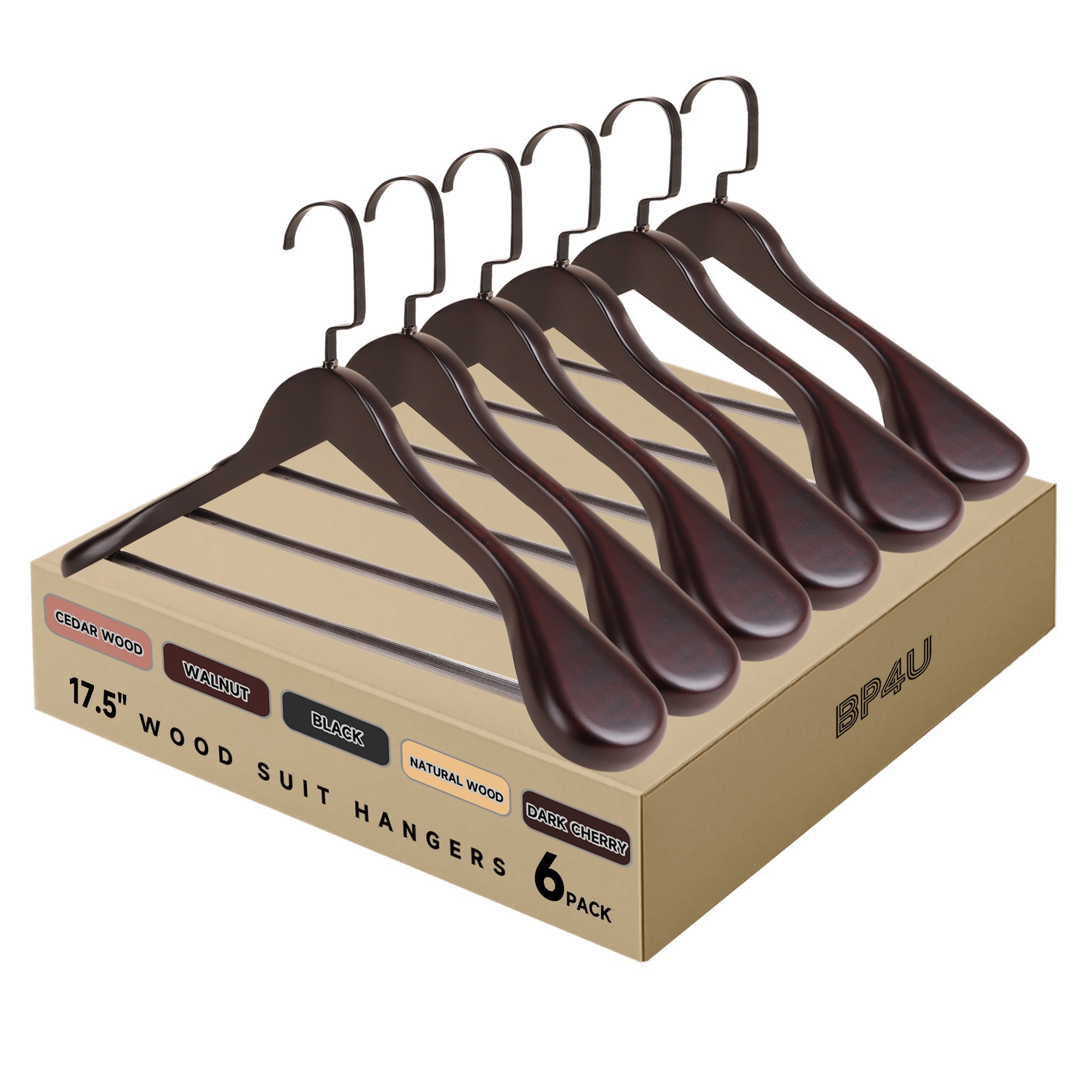 BP4U Premium Wide Shoulder Wooden Suit Hangers, 17.5-Inch Heavy-Duty Solid Wood Coat Hangers for Men's Clothes