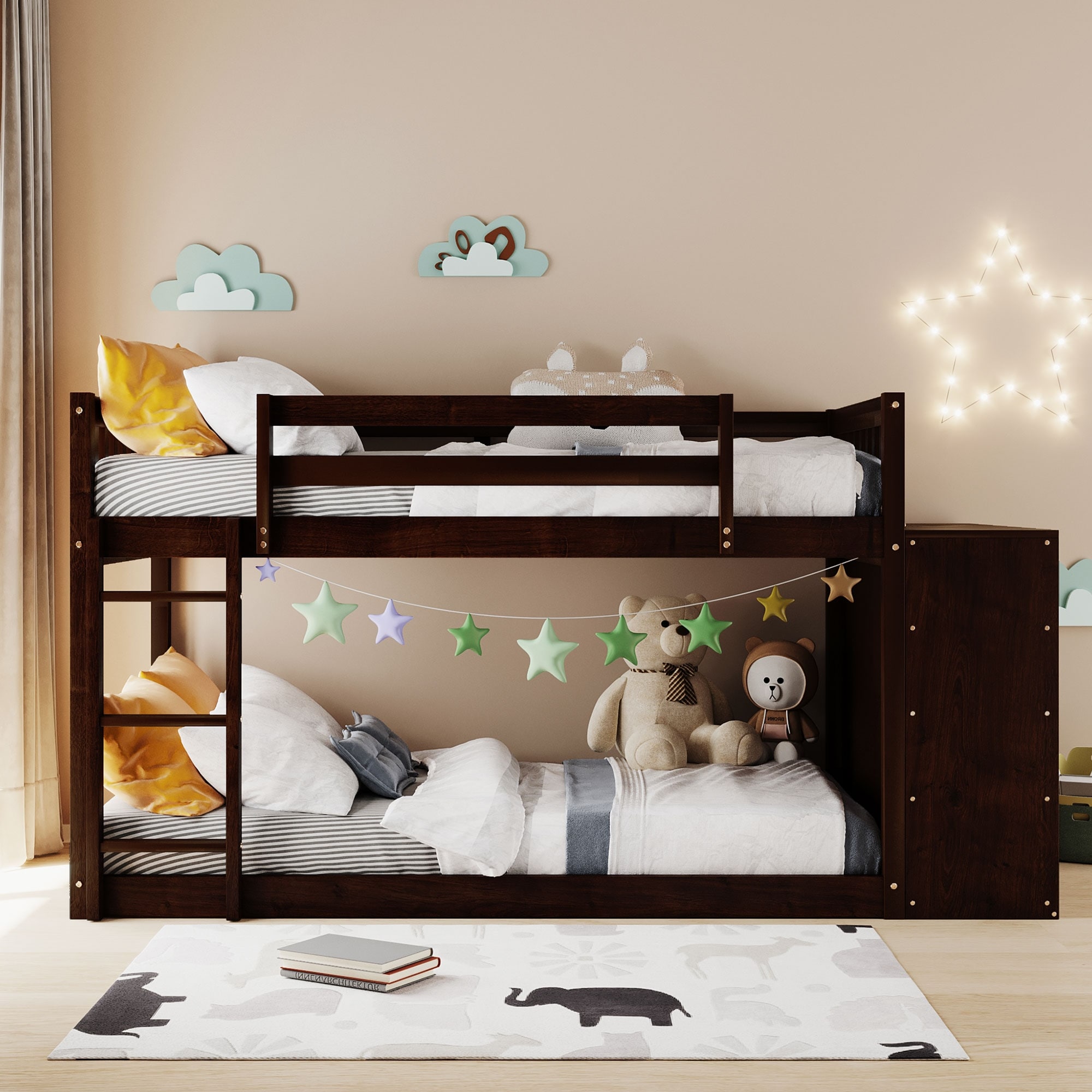 Twin Over Twin Floor Bunk Beds with 4 Drawers 3 Shelves for Multi Storage Function Wooden Bunk Bed Frame for Kids Girls Boys Bed Bath Beyond 38406604