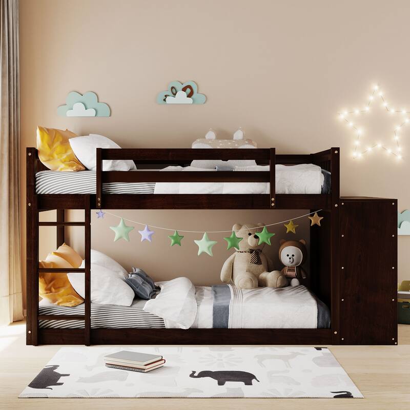 Twin over Twin Floor Bunk Bed with Movable Storage Cabinet, Include 4 Storage Drawers and 3 Shelves, Solid Wood Bunkbeds Frame - Espresso - Twin