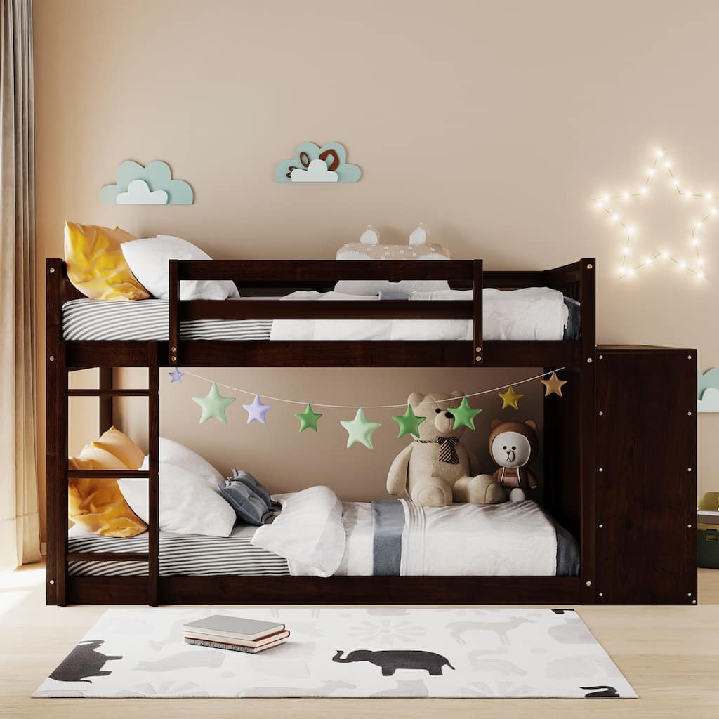 Twin over Twin Floor Bunk Bed with Movable Storage Cabinet, Include 4 Storage Drawers and 3 Shelves, Solid Wood Bunkbeds Frame