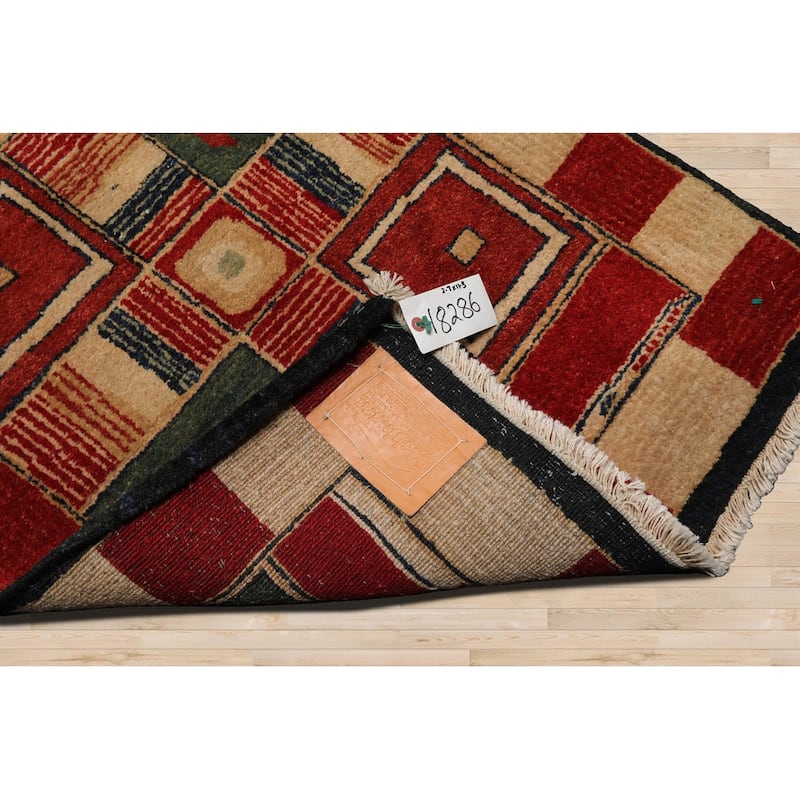 Hand Knotted Red, Green Tibetan Wool Modern Oriental Area Rug - 2' 7'' x 12' 3''