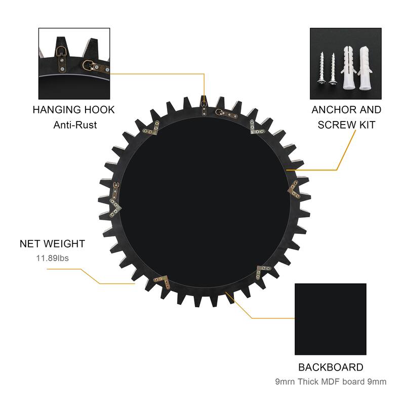 Vintage Wood Round Gear Shape Decorative Mirror - Antique Dark Brown, Bathroom, Living Room - Dark Brown