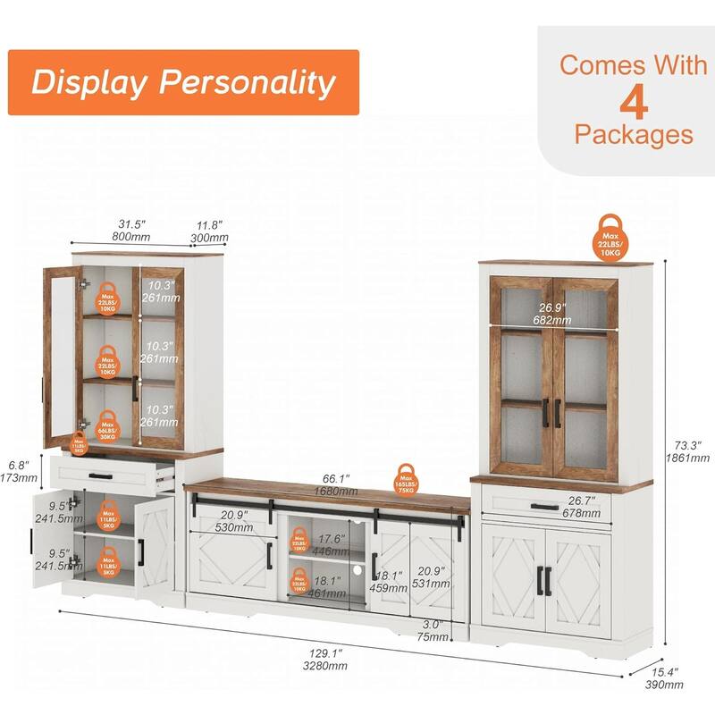 Modern Farmhouse TV Stand with Bookcase for 65" 75" TV with Barn Door for Living Room, Bedroom & Home Office